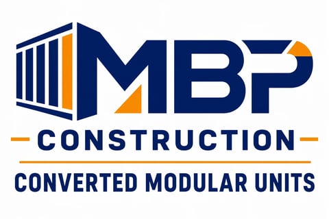 MBP Construction logo with modular building icon in navy blue and orange featuring converted modular units text
