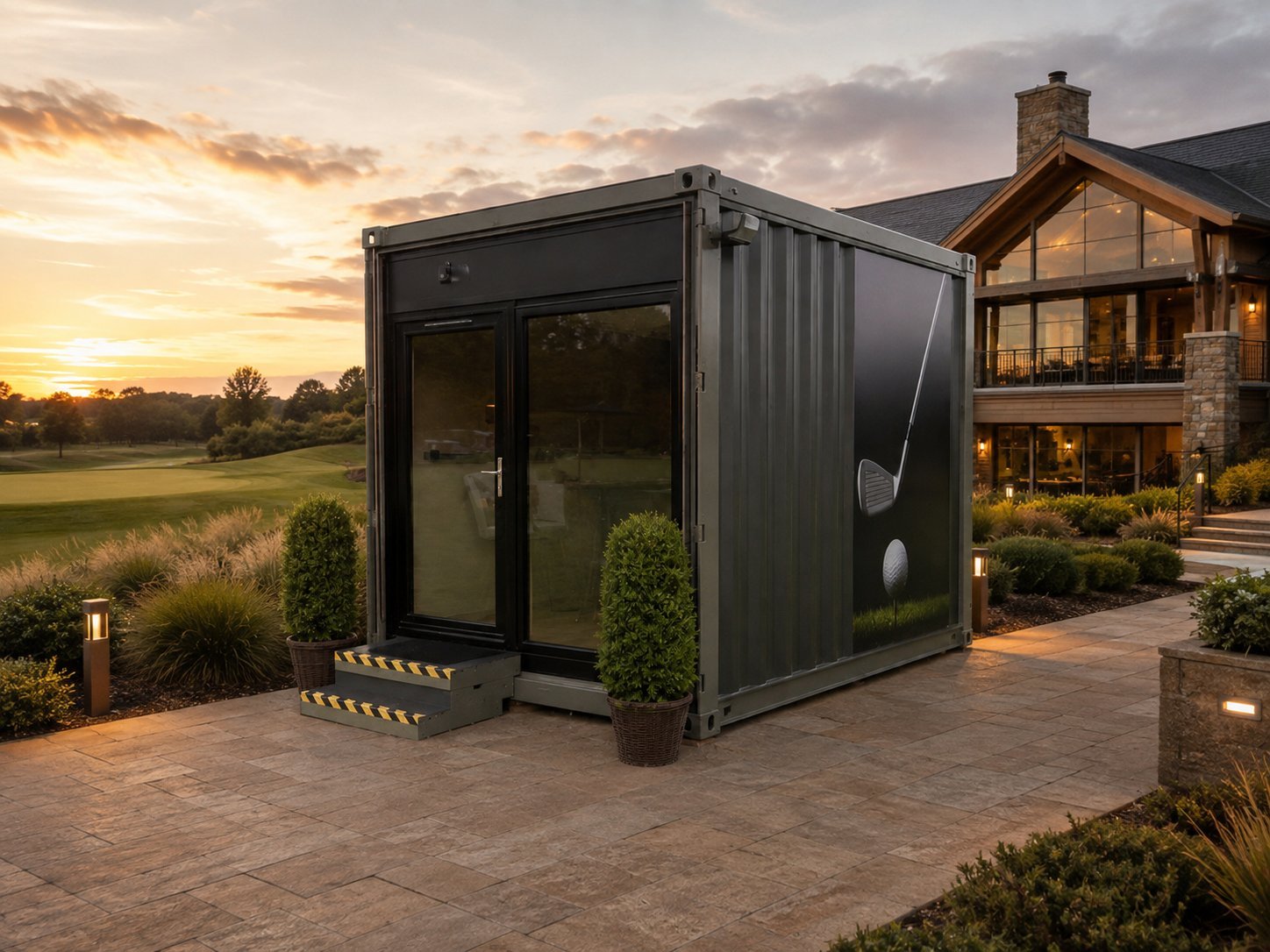 Modern black prefab container cabin on patio with manicured landscaping at sunset beside luxury home