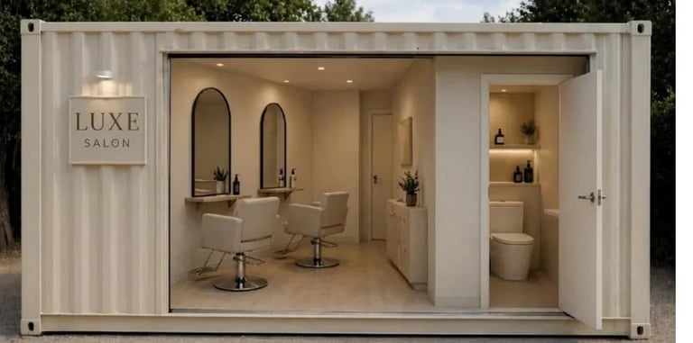 Modern luxury salon interior in a container-style space with salon chairs, mirrors, vanity stations, and minimalist white décor