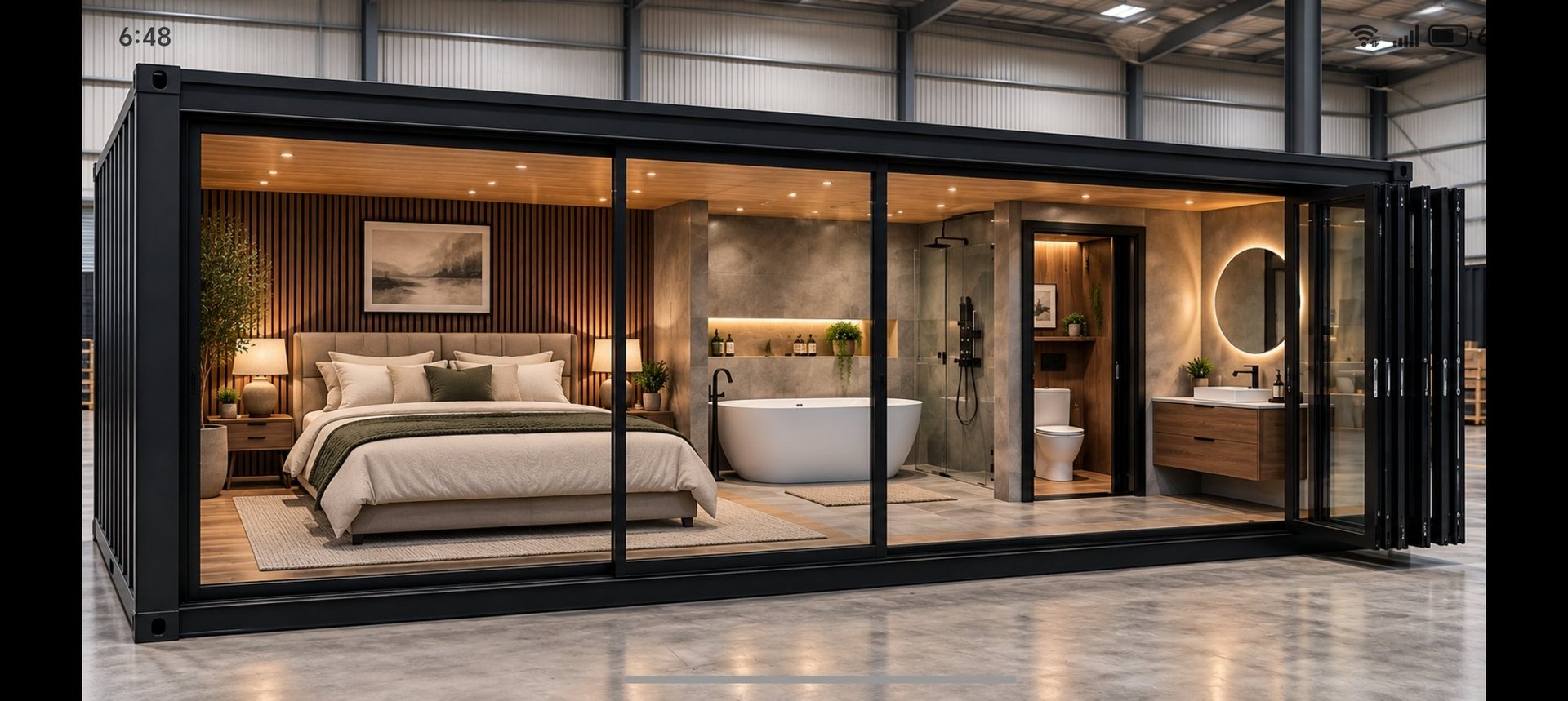 Modern modular bedroom and bathroom display with black frame, bed, sofa, and fixtures in showroom setting