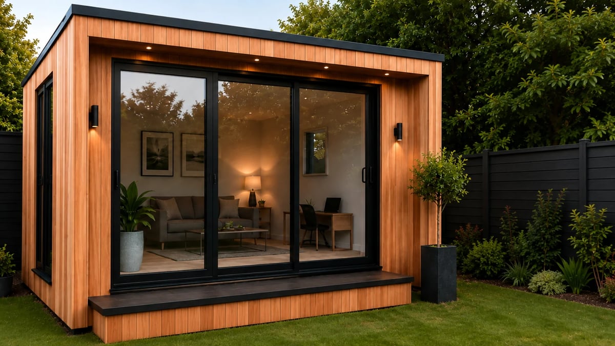 Finished modern garden room with large glazed doors in a residential garden