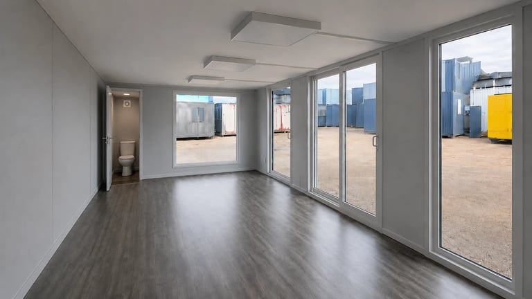 Empty modern office or retail space with dark wood flooring, white walls, and large glass doors and windows overlooking an industrial area