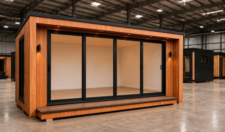 Modern modular wooden office pod with large glass windows and black frames in an industrial warehouse setting — alternative exterior angle