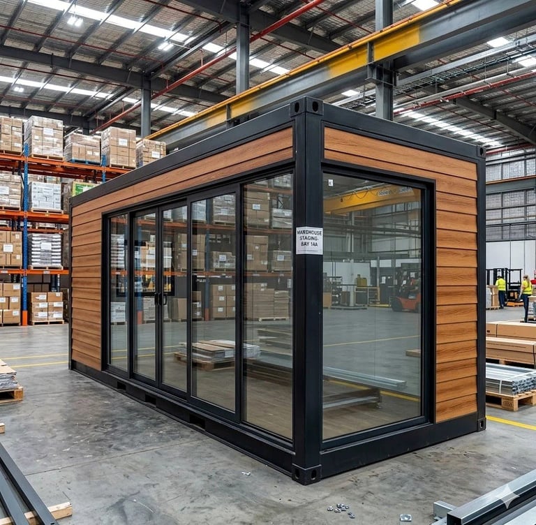 Modern modular office or portable building with wood paneling and glass windows in an industrial warehouse setting