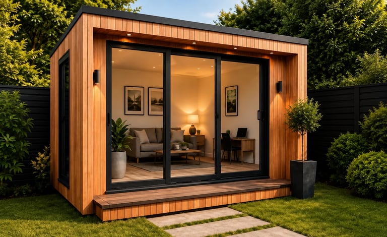 Modern wooden garden studio with large black-framed glass doors, illuminated interior with sofa and desk, surrounded by green hedges and a paved stepping-stone path
