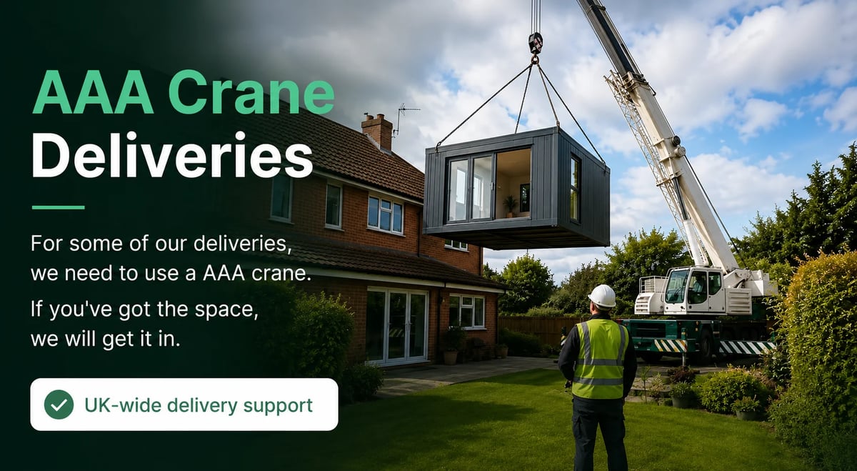AAA Crane Deliveries — mobile crane lifting a prefabricated black module onto a brick house, with a worker in a hi-vis vest overseeing the lift and a 'UK-wide delivery support' badge