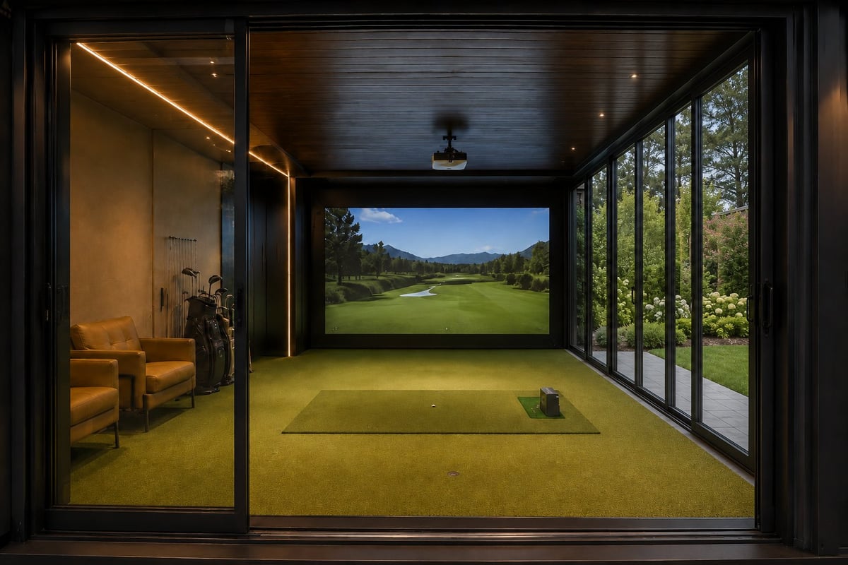 Modern indoor golf simulator room with hitting mat, screen display showing golf course, and comfortable seating area viewed through glass doors