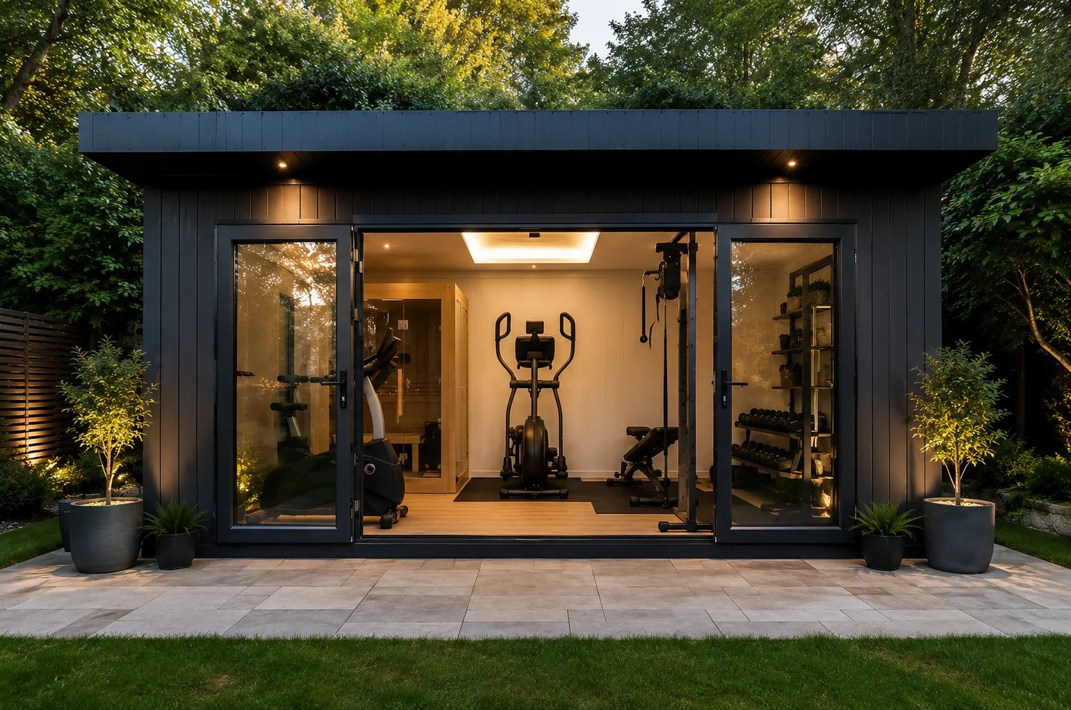 A premium modular unit lit by warm lighting at dusk