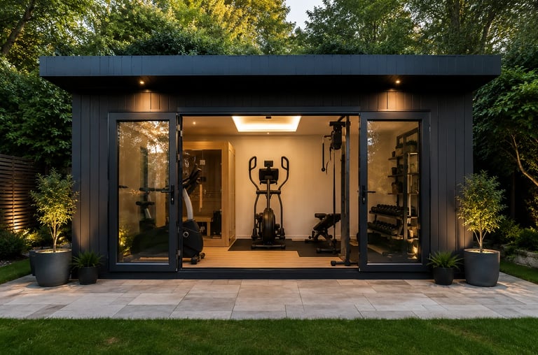 Modern black garden gym studio with large glass doors, exercise equipment visible inside, lit by warm lighting at dusk surrounded by greenery