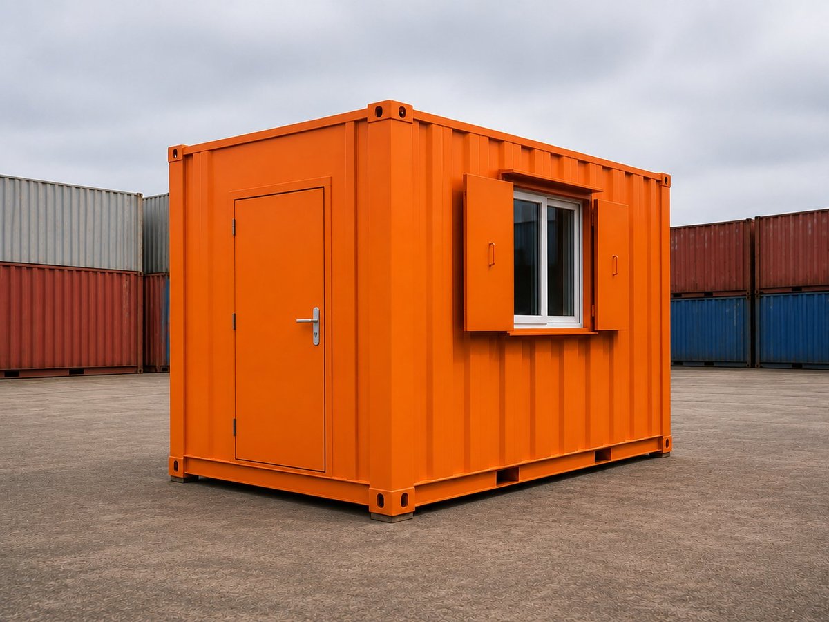 Bright orange shipping container converted into a small portable office or storage unit with a door and window, parked in a container yard