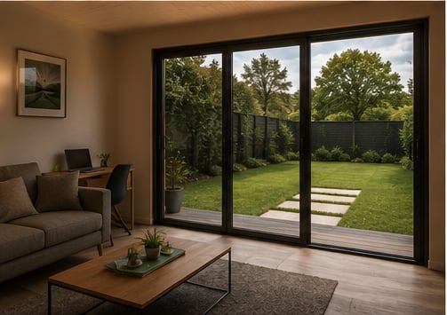 Modern living room with sliding glass doors opening to a green backyard garden with trees and patio stepping stones — interior view towards the front glazing