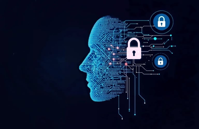Digital profile head with circuit patterns, padlock icons, and interconnected security nodes on a dark blue background
