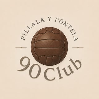 Brown vintage soccer ball logo for 90 Club with text 'Píllala y Póntela' curved around the ball