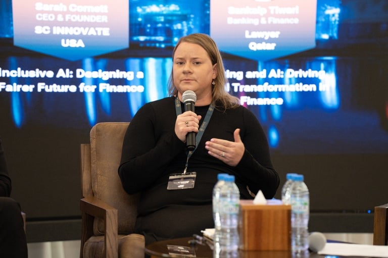 Sarah Cornett speaking at a conference panel on AI and the future of banking and finance