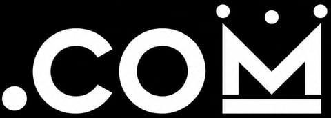 .COM domain logo with crown symbol on black background