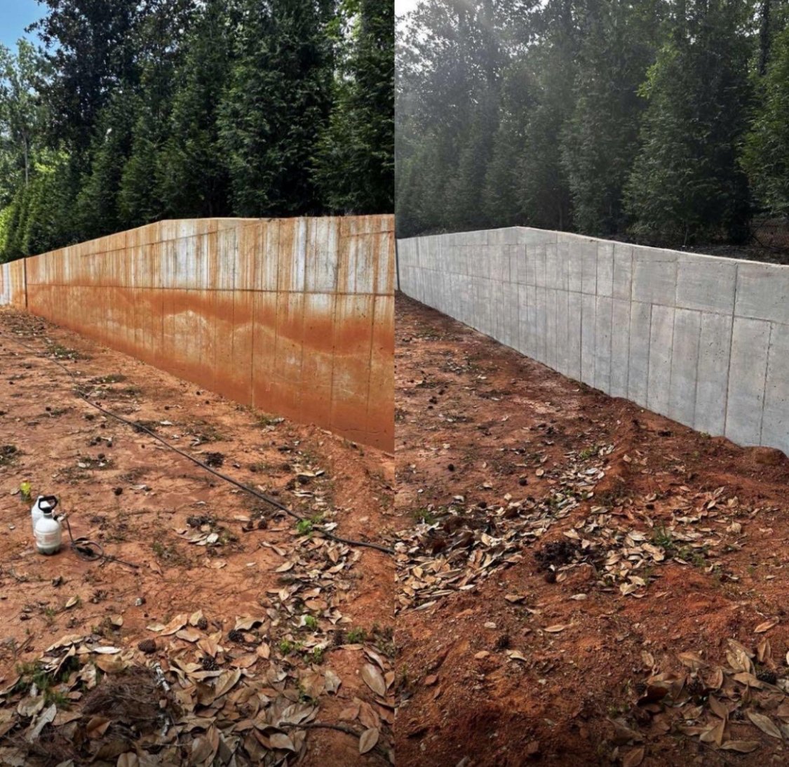 Metal fence panels with rust progression in a forest setting with mulch ground