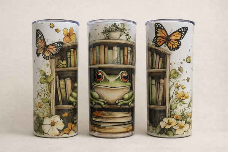 Three decorative cylindrical containers featuring bookshelf and nature illustrations with butterflies, flowers, and a frog design
