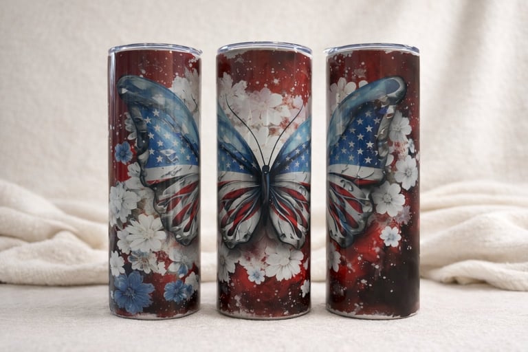 Three tall tumblers with American flag butterfly design in red, white, and blue colors on a white fabric background
