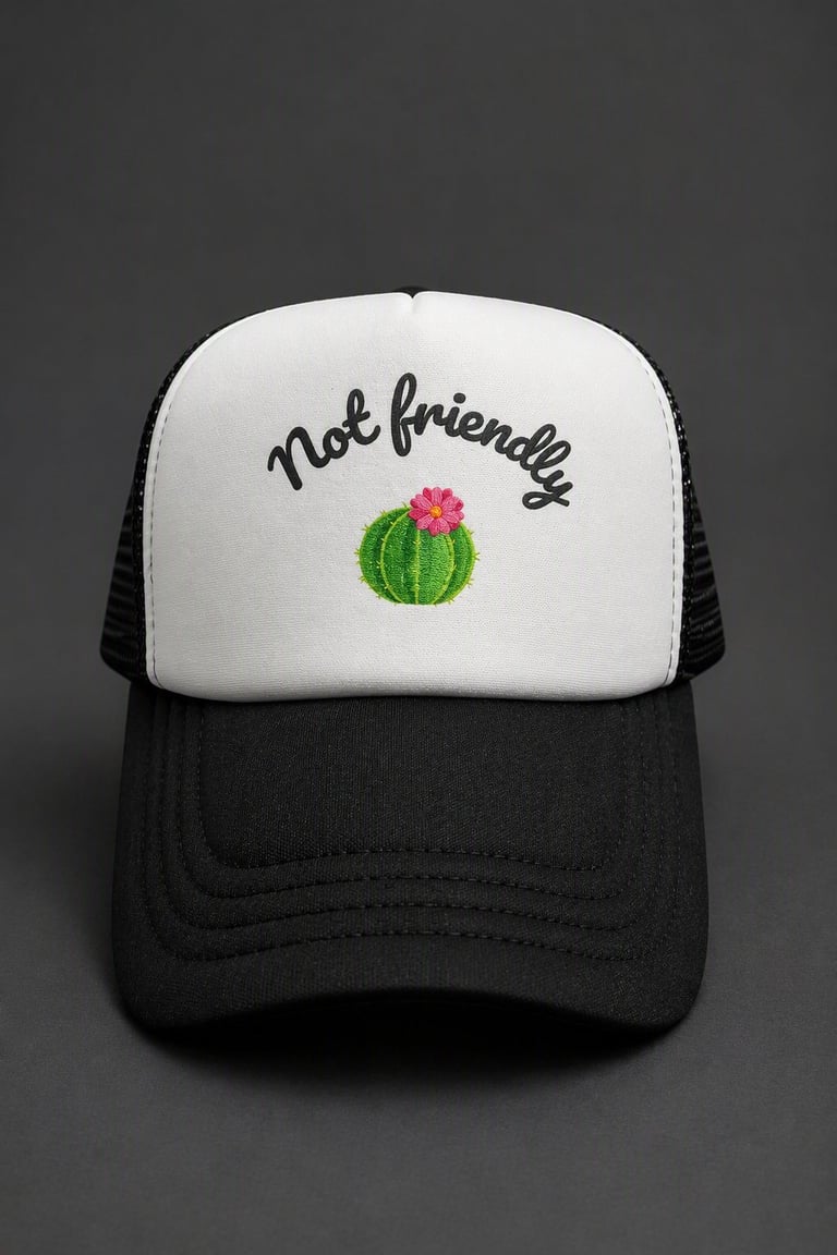 Black and white trucker cap with Not friendly text and cactus flower embroidery on front panel