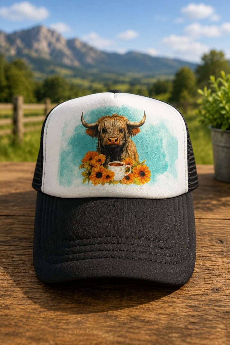 Black and white trucker hat with long-haired highland cattle portrait and sunflowers on the front panel, displayed outdoors
