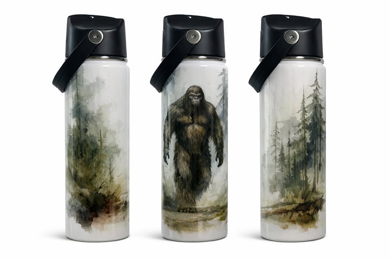 Three water bottles with black flip-top caps featuring misty forest and Bigfoot wilderness artwork designs