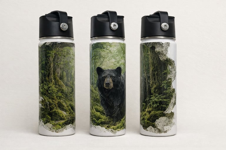 Three white and black insulated water bottles with forest and black bear imagery printed on them
