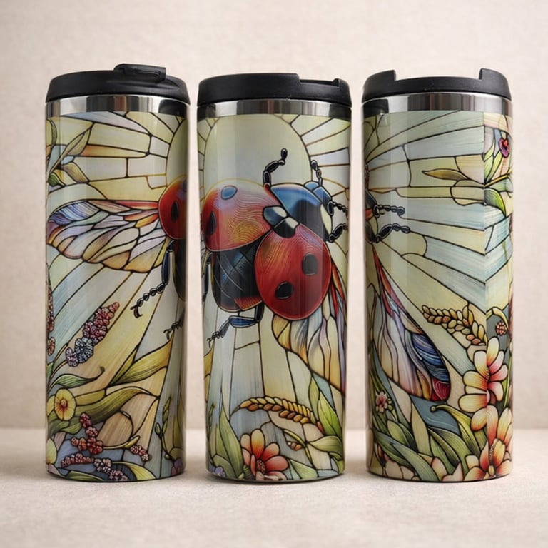 Three stainless steel travel mugs with stained glass-style designs featuring insects, flowers, and botanical elements
