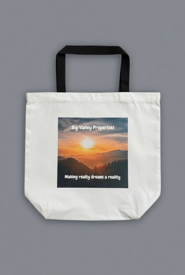 White tote bag with Big Valley Properties logo featuring a sunset landscape and Making reality dreams a reality text
