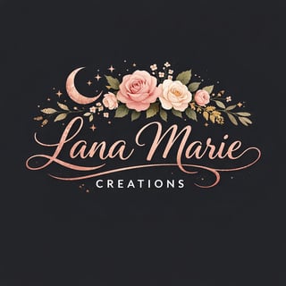 Lana Marie Creations logo with elegant script text, decorative flowers, crescent moon, and gold accents on dark background