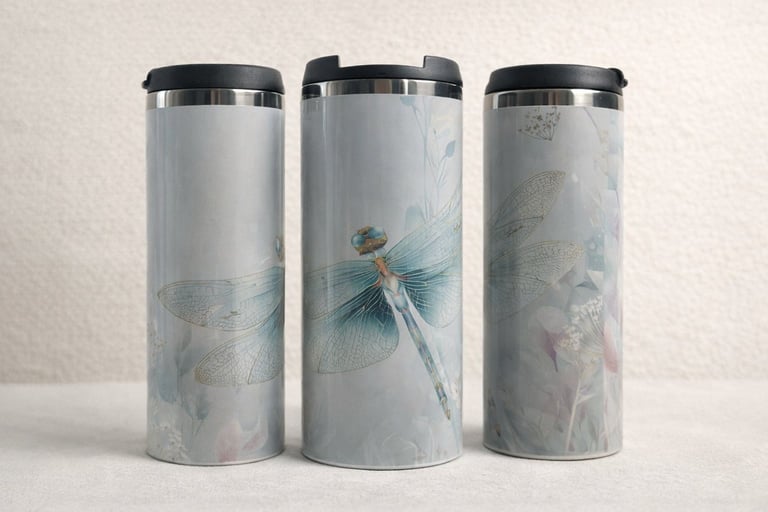 Three insulated travel mugs with black lids featuring watercolor dragonfly and floral artwork on light backgrounds