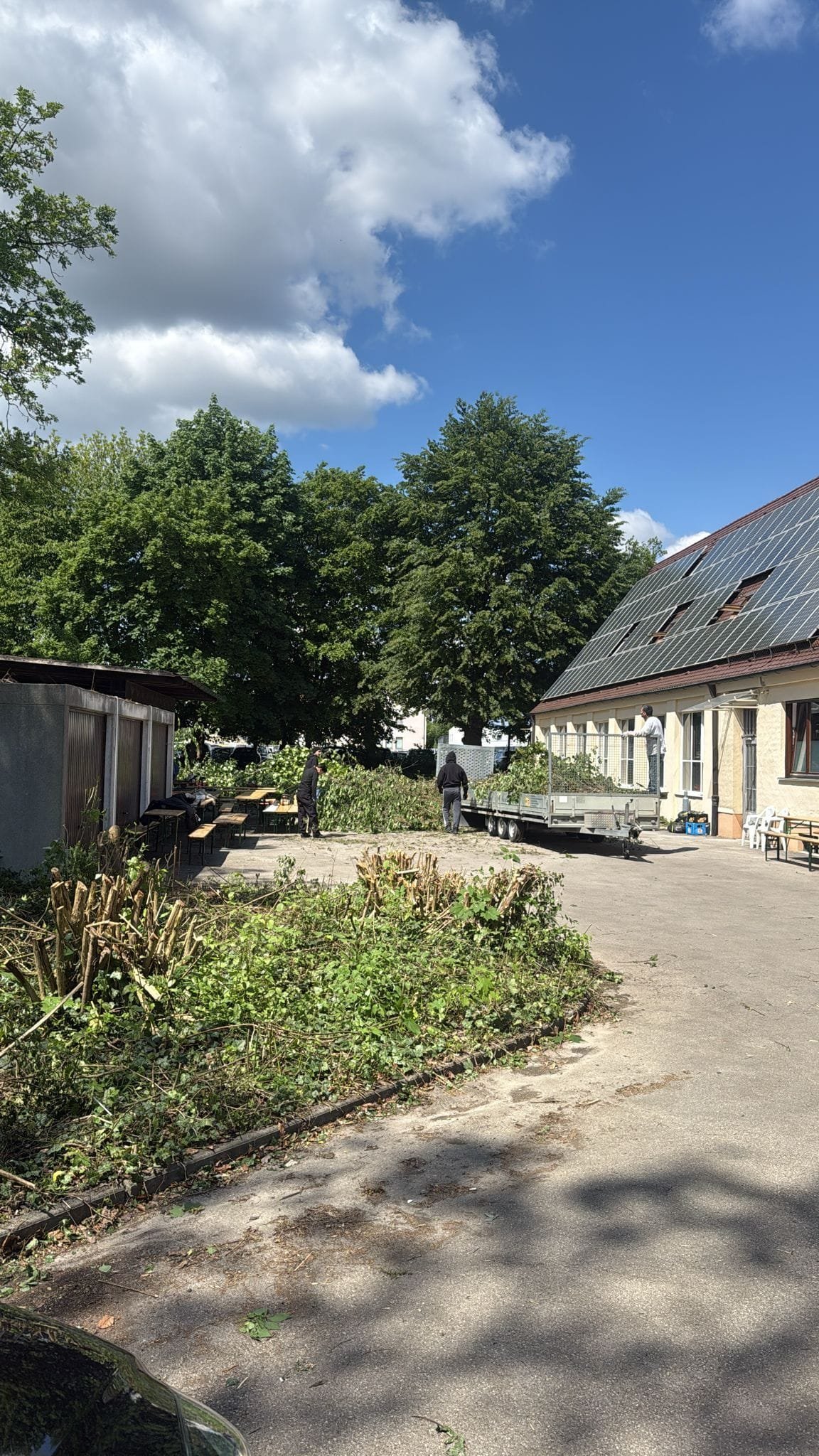 Großzügiger Garten mit grünen Bäumen, Schuppen und Bauernhaus unter blauem Himmel — M☆K König Gartenpflege