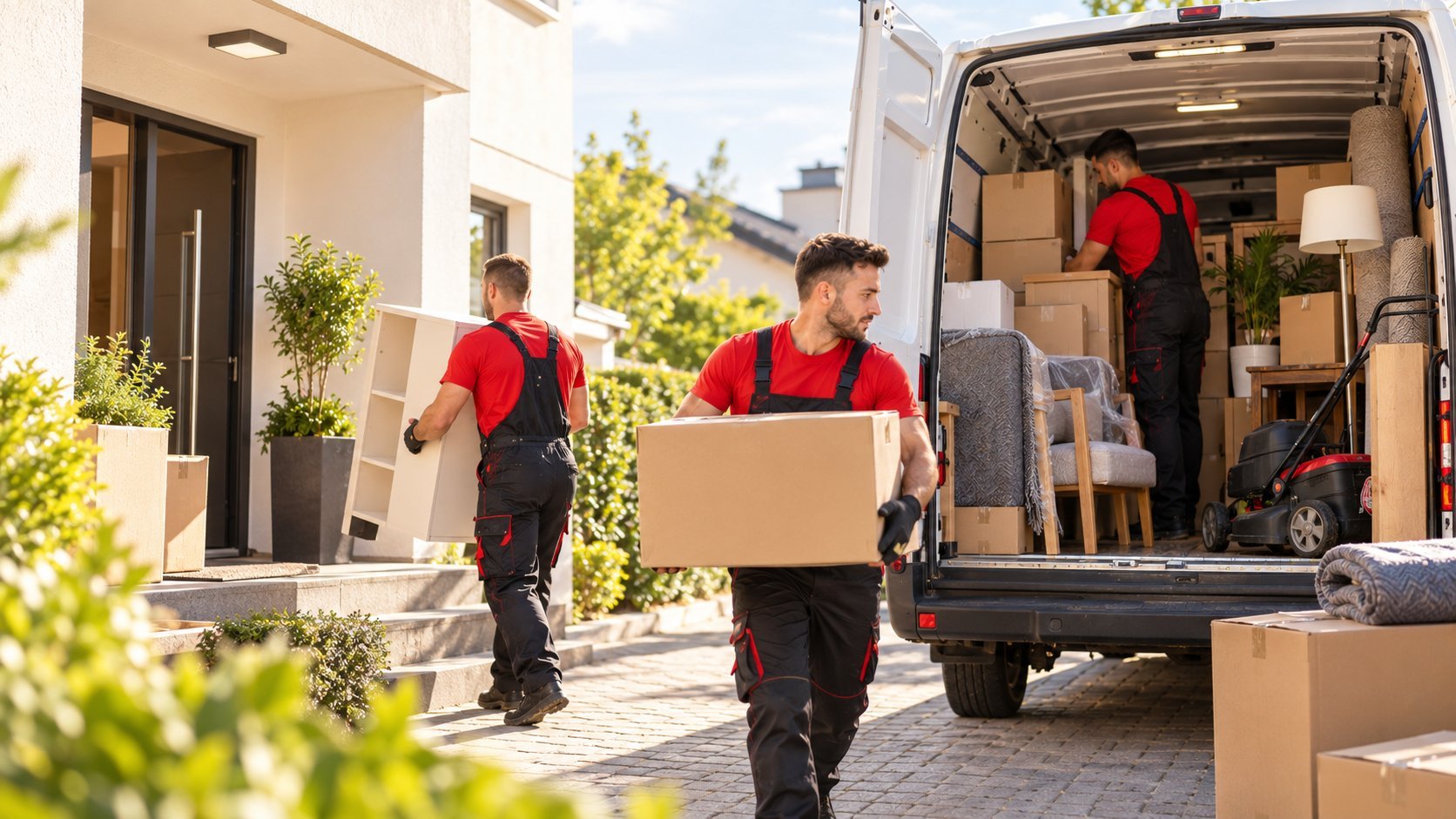 Drei Umzugsmitarbeiter von M☆K König in roten Shirts tragen Kartons vom Transporter in ein Haus bei Sonnenschein — Umzugsservice Augsburg