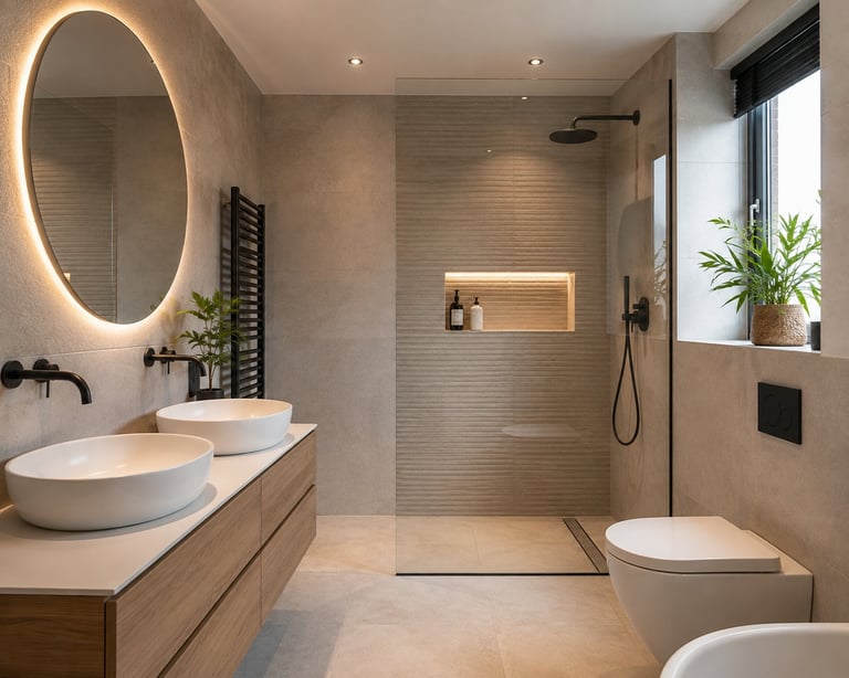 Modern bathroom with dual white vessel sinks, illuminated oval mirror, walk-in shower with tile accents, wooden vanity, and decorative plants