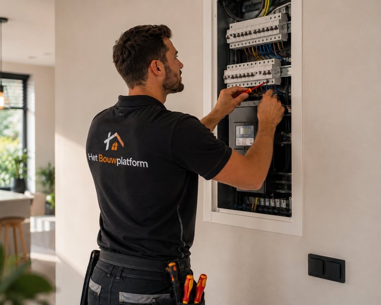 Electrician in black Home Solutions Platform shirt working on residential electrical panel with circuit breakers mounted on wall