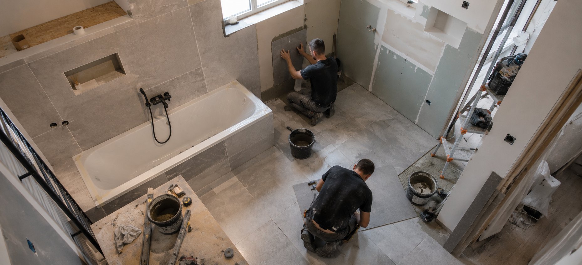 Bathroom renovation in progress with workers installing fixtures and flooring on a tiled floor
