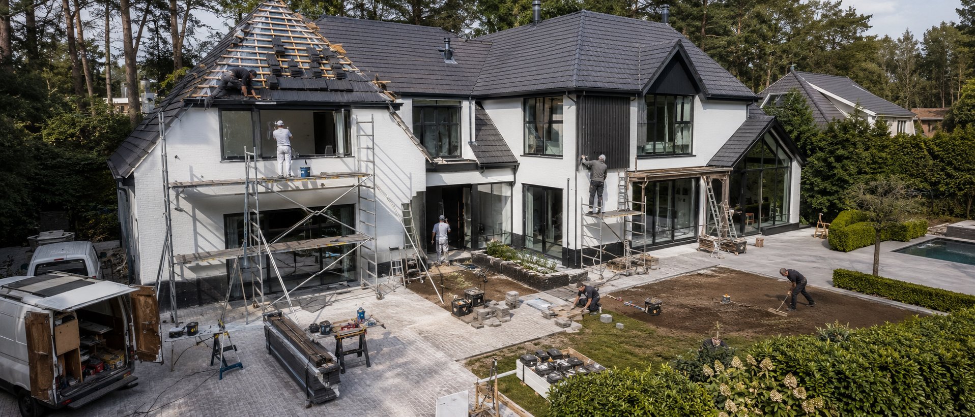 Moderne twee-onder-een-kap woning in wit en zwart in volle renovatie, met steigers, bestrate oprit en aangelegde tuin