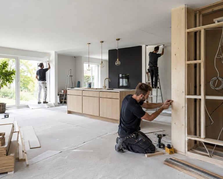 Vakmannen renoveren een moderne keuken en leefruimte, waarbij één man kasten plaatst terwijl de anderen aan de afwerking werken