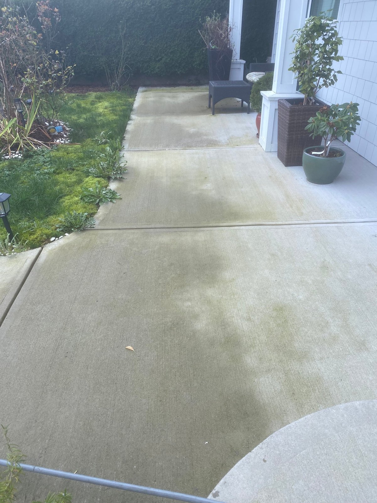 Concrete patio and walkway with green lawn on left, white house, planted pots, and dark chair in background