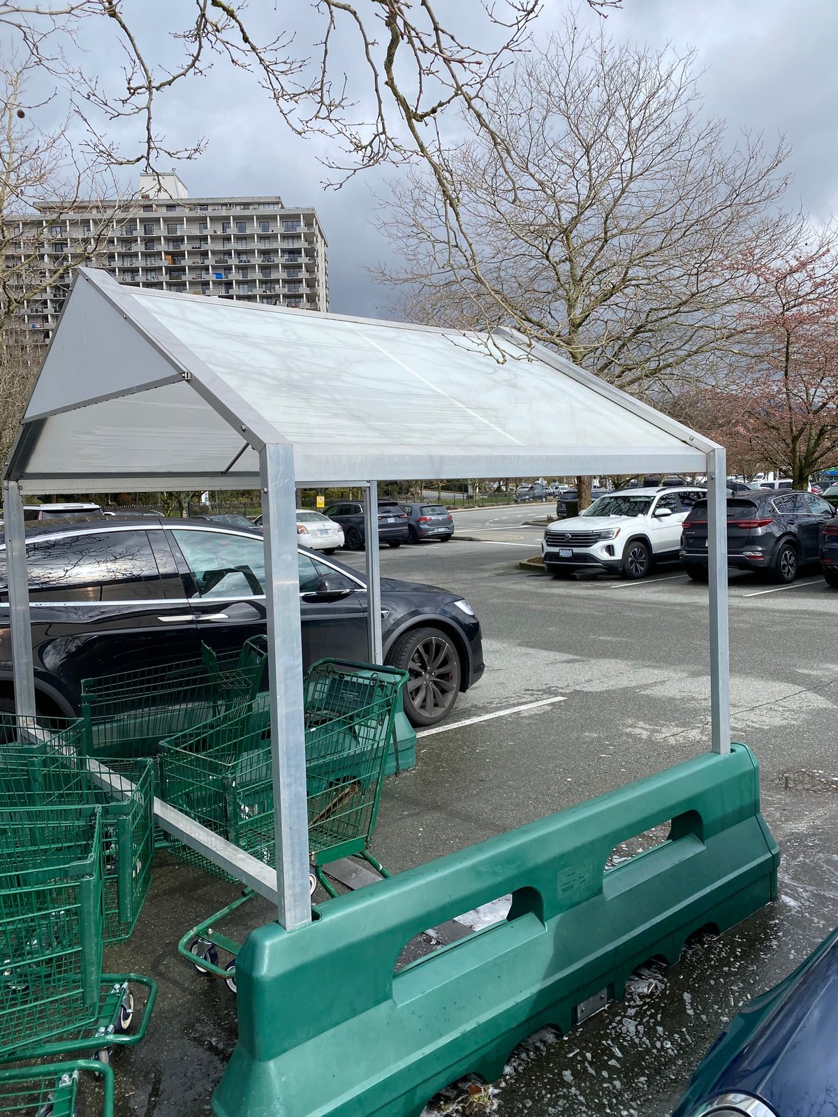 White metal carport with green base sheltering a black car and shopping carts in a parking lot