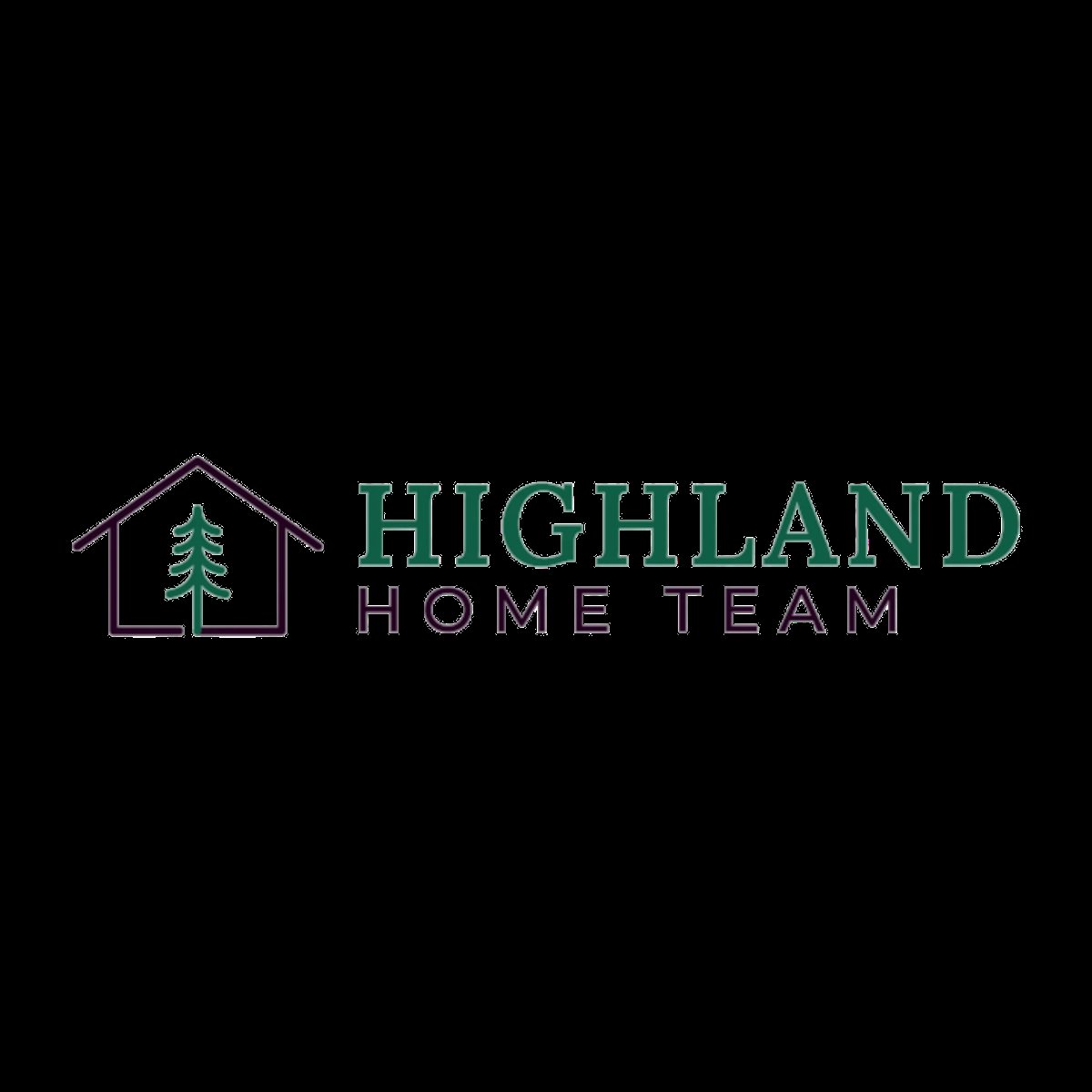 Highland Home Team logo featuring a house outline with an evergreen tree and green text on black background