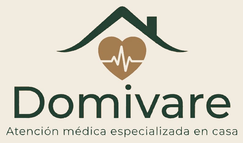 Domivare logo featuring a house with a heartbeat symbol inside a brown heart, representing at-home specialized medical care