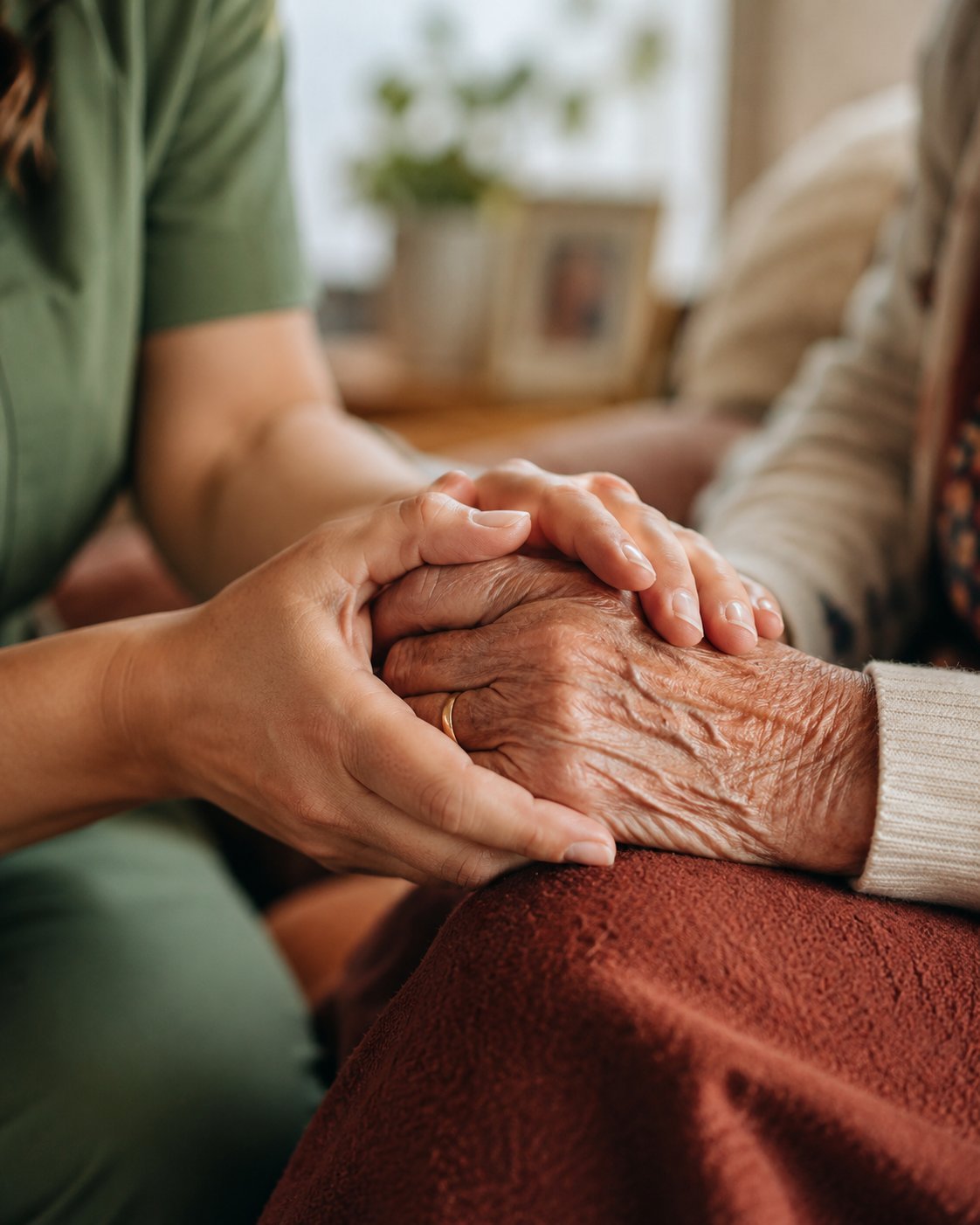 Caregivers hand gently resting on an elderly persons hand in a supportive gesture at home