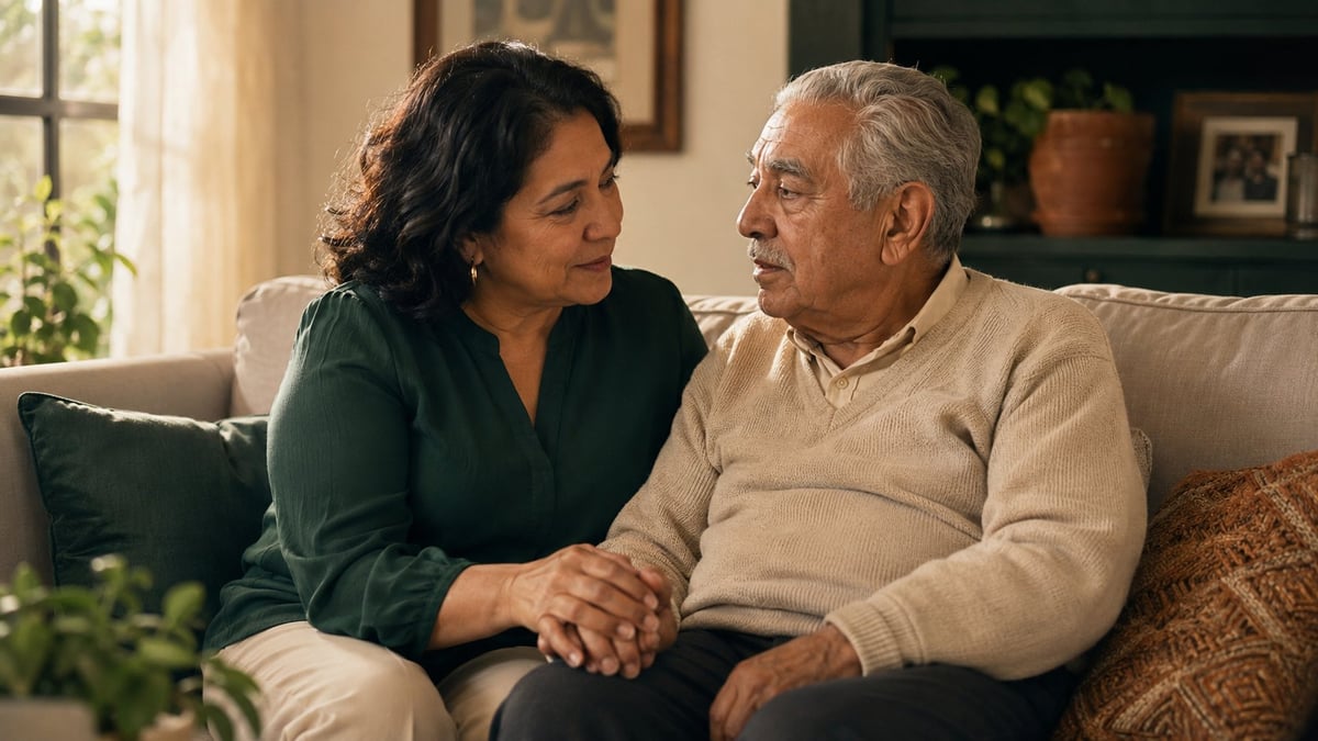 A woman in a dark green shirt holds the hand of an older man in a beige sweater sitting on a couch