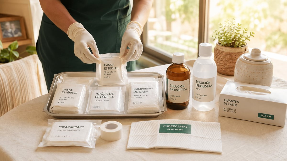 Person in green apron and white gloves arranging skincare product samples on white surface with plants and bottles