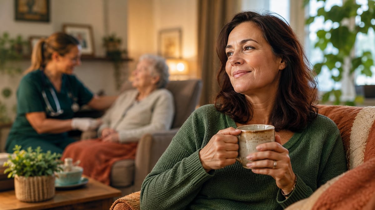 Woman in green sweater holding a mug while sitting in a living room with other people in the background