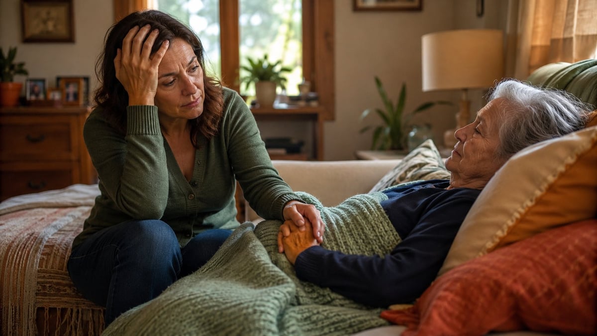A woman and senior man sit together on a couch, holding hands in a warm, intimate moment in a home living room.