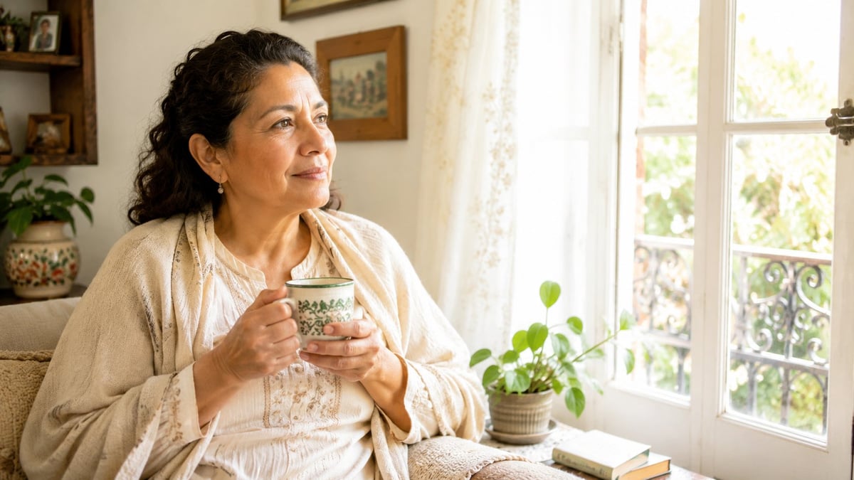 Middle-aged woman in beige cardigan holding a cup, sitting by a sunlit window with potted plants and shelves in background