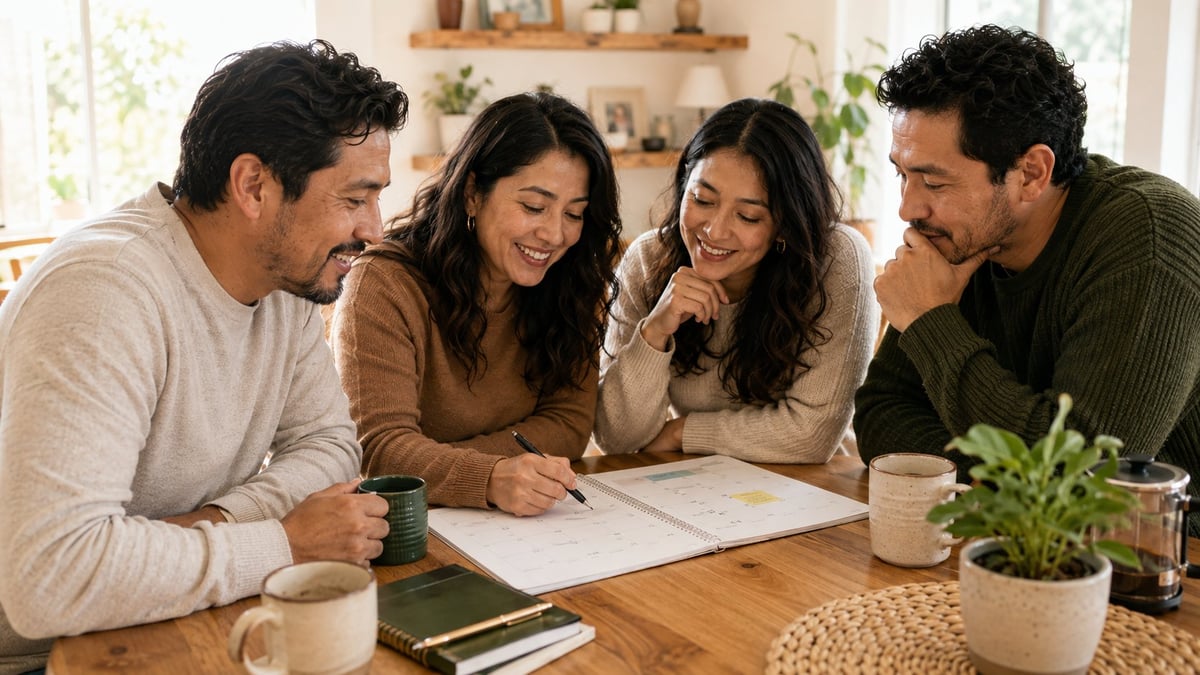 Four people gathered around a wooden table reviewing documents together in a bright, modern home office