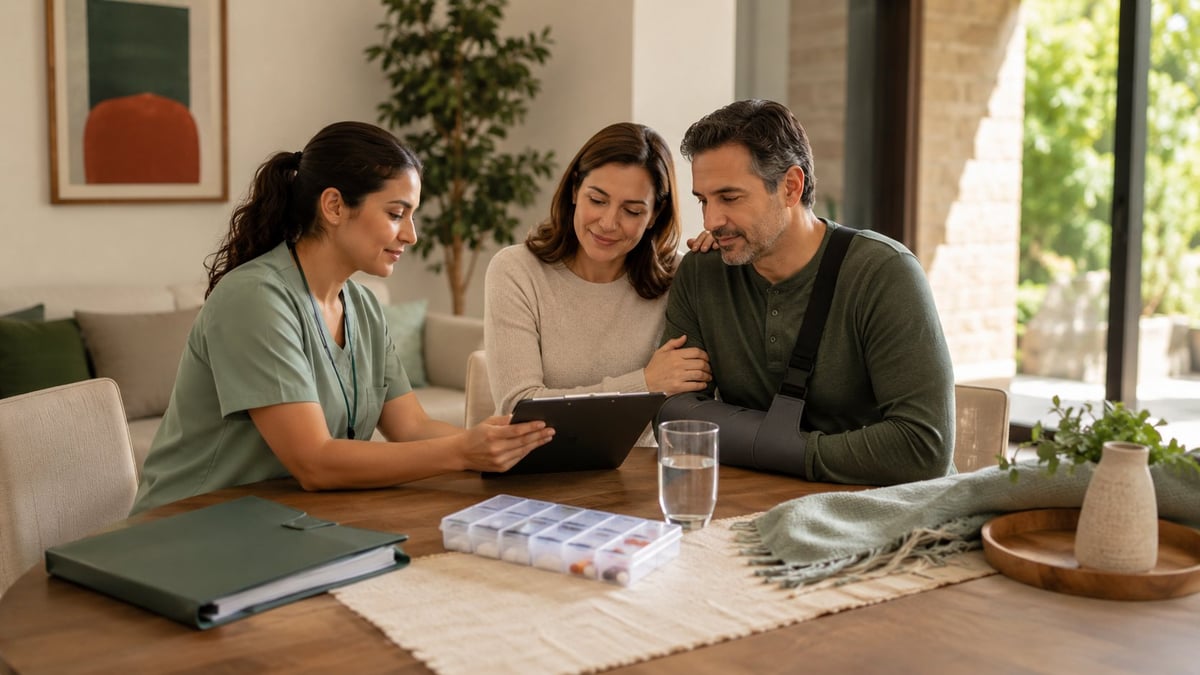 Enfermera de Domivare revisando con la familia de un paciente postoperatorio el plan de recuperación en casa con ayuda de una tablet en una sala cálida y luminosa en Guadalajara