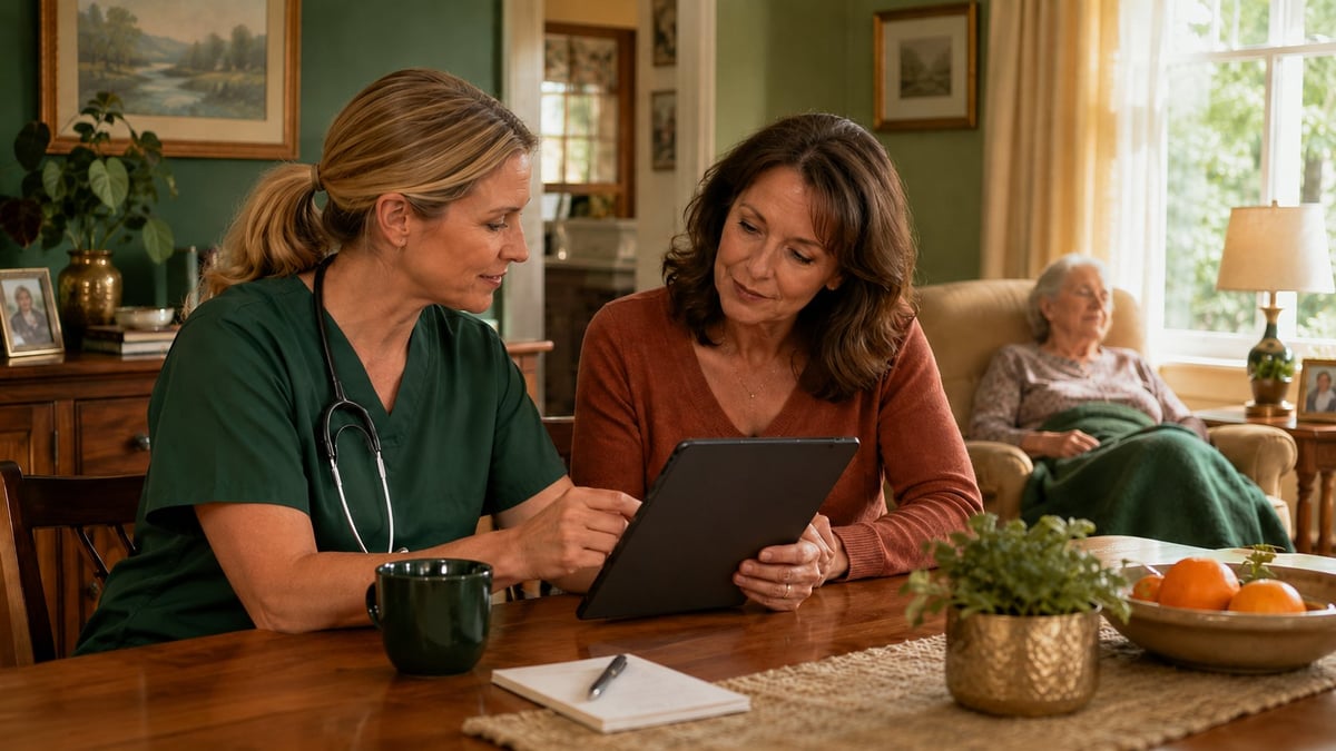 Healthcare provider in green scrubs reviews tablet with woman at home while elderly patient sits in background